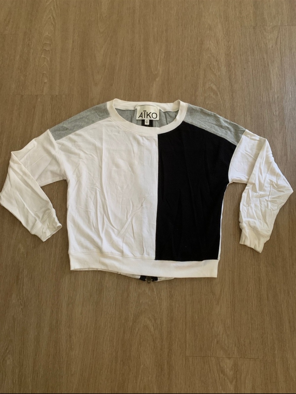 ATKO White Black and Gray Colorblock Long Sleeve Top with leather on back.